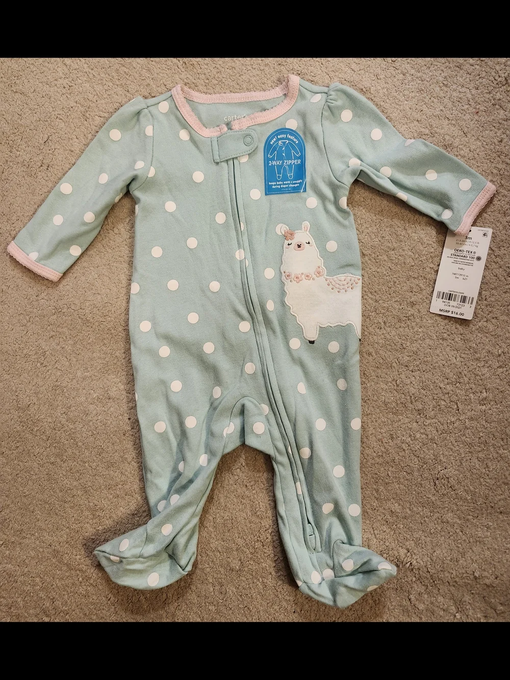 Carter's Mint Green Polka Dot Llama Footie with Pink Trim
